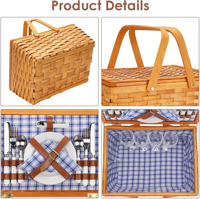 Picnic Basket Set for 4 Persons, Woven Woodchip Basket with Folding Handles & Lid, Blue and White Gingham Lining Basket Set with Utensils Cutlery - Perfect for Picnic, Camping, Valentine Day, Outdoor