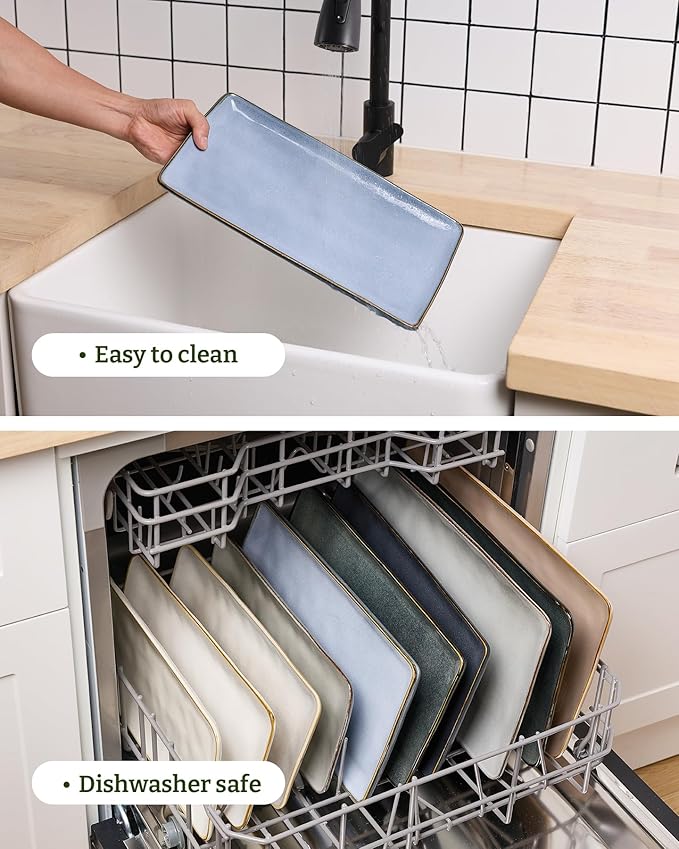 famiware Serving Platter, Rectangular 15.67/14.1/12.6inch Serving Dishes for Entertaining, Reactive Glaze, Stoneware Serving Trays for Party, Food, Turkey, Snack, Cheese, Ocean Series, Blue