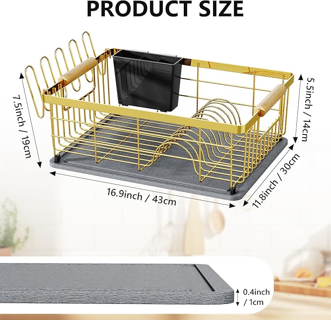 Dish Drying Rack Gold with Diatomaceous Earth 1 Tier,Multifunctional Dish Racks for Kitchen Counter Quick-Drying,Large Capacity Space Saving with Cutlery Cups Holder