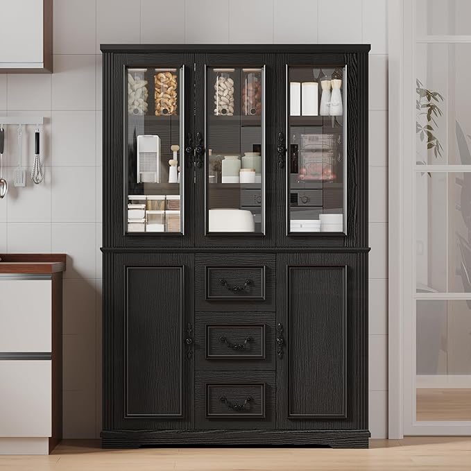 YITAHOME 71" H x 47" W Kitchen Pantry with 3 Drawers, Large Storage Cabinet with 3 Glass Doors & Adjustable Shelves, Freestanding Tall Display China Cabinet for Living & Dining Room, Black