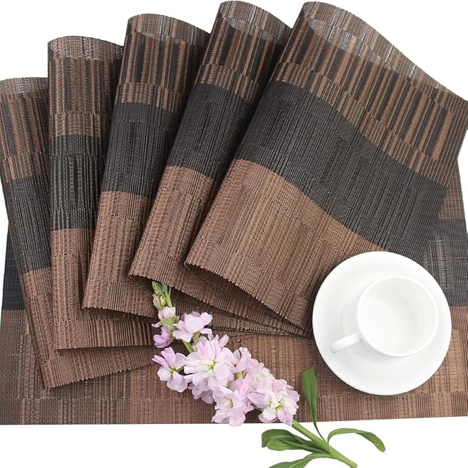 PIGCHCY Vinyl Placemats Set of 12 Washable Durable Kitchen Table Mats Easy to Clean Plastic Placemats for Dining Table (Brown)