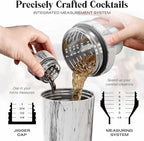 Insulated Cocktail Shaker Set | Double Wall Stainless Steel | Martini Shaker for Home Bar Bartending | Built-in Drink Measurement System & Strainer, Travel Bag, 35 Recipes | Gift Set (Marble)