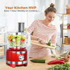 Homtone 16 Cup Food Processor Large, 9 Functions 7 Blades 3 Speeds for Shredding, Slicing, Making French Fries, Chopping Meat, Kneading Dough & Emulsifying, 600W, Red