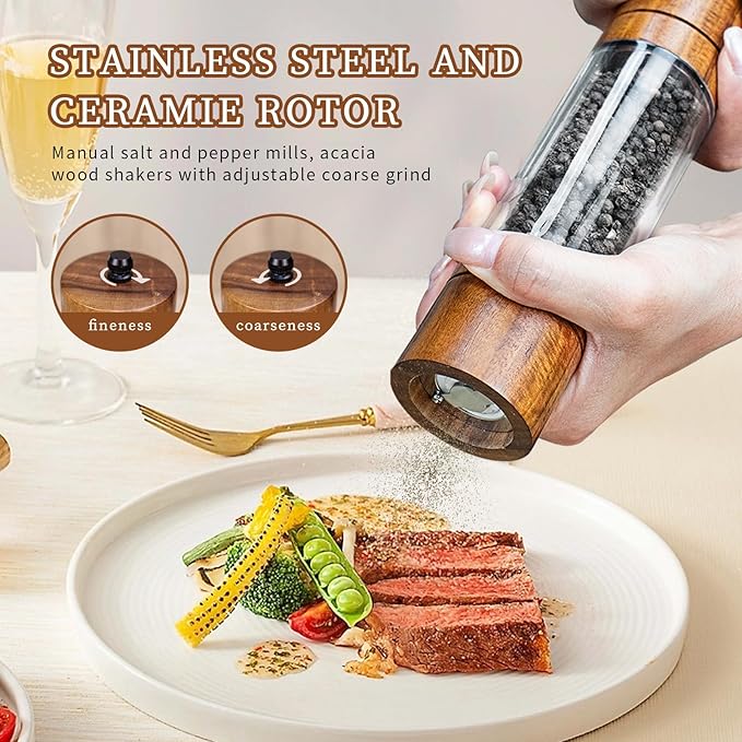 Acacia Wood Salt Grinder and Pepper Grinder Set Premium Acrylic Salt and Pepper Mill Set, Manual Salt and Pepper Mills- Wooden Shakers with Adjustable Ceramic Core 8 Inches 2 Pack