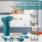 HaWare Kitchen Cooking Utensils Set, 23-Piece Silicone Kitchen Utensils Spatula Set with Holder, Heat Resistant Wooden Handle Kitchen Gadget for Nonstick Cookware, Food-grade Turner Spoon Sets (Blue)