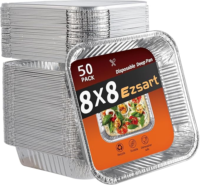 Aluminum Pans with Lids - 50 Pack 8x8 Disposable Baking Pans, Heavy Duty Tin Foil Pans with Lids for Cake Baking, Cooking, Heating, Storing, Prepping Food