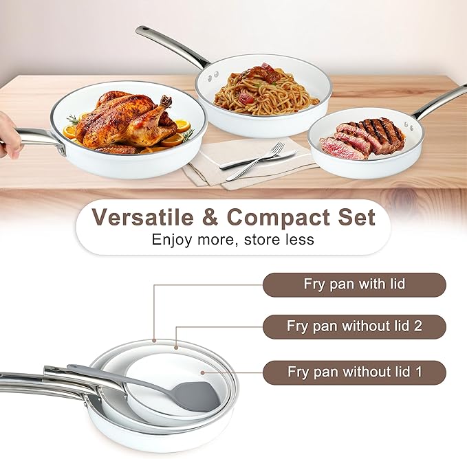 5Pcs Nonstick Cookware Set, Aluminum Nonstick Pots and Pans with Glass Lids, All Stovetops Compatible, Non-toxic Healthy Kitchen Cooking Sets, PFAS and PFOA Free