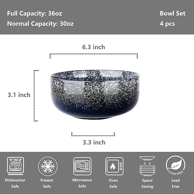 S&Q'S CERAMICS Bowl Set of 4, 36 Ounce Kitchen Bowls for Soup, Large Cereal, Breakfast, Oatmeal, Microwave and Dishwasher Safe, [Set of 4], (Navy Blue)