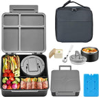 Bento Lunch Box with 8oz Soup Thermo,Kids Leakproof 4 Compartment Lunch Food Containers with Sauce Cup and Ice Pack,Kids Thermo Insulated Hot Food Jar and Lunch Bag for School,Trvael-Black