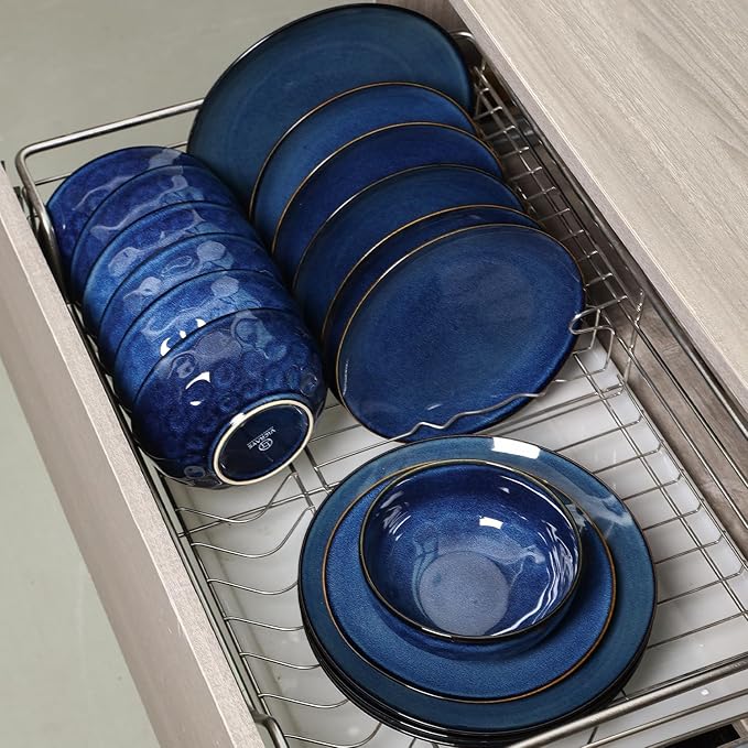 Vicrays Ceramic 12 Pieces Dinnerware Set - Dinner Plates Salad Plates Cereal Bowls Set Service for 4 - Scratch Resistant Microwave Oven Dishwasher Safe - Starry blue