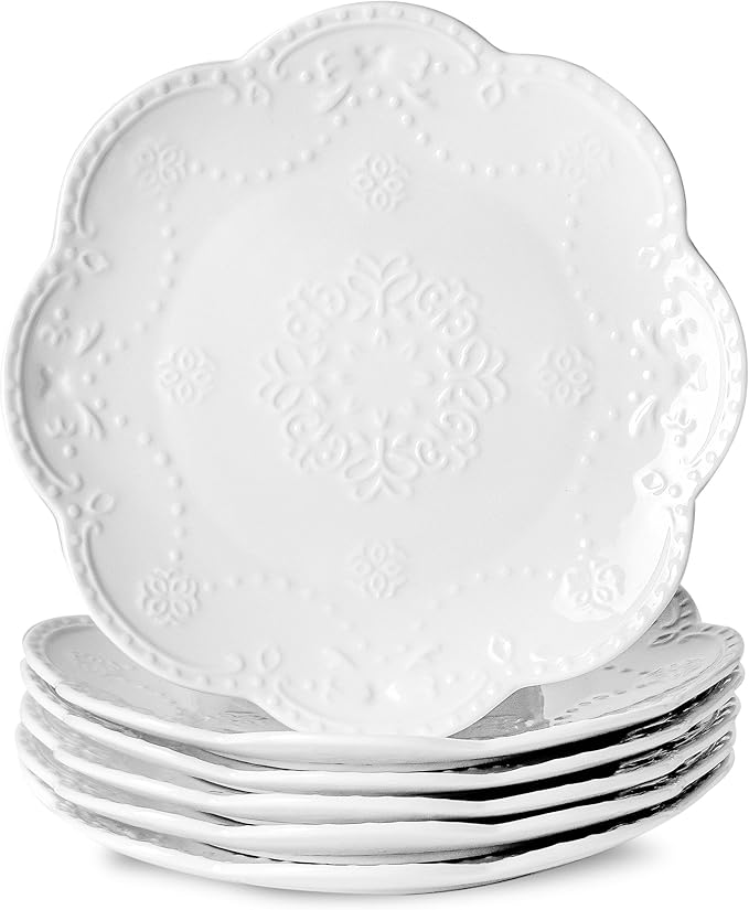 Neaylfe 6-Piece Embossed Ceramic Salad Plates, 8 Inch White Dinner Plates for Kitchen, Lightweight Round Plates, The Dessert, Salad, Appetizer, Small Lunch, etc Plate