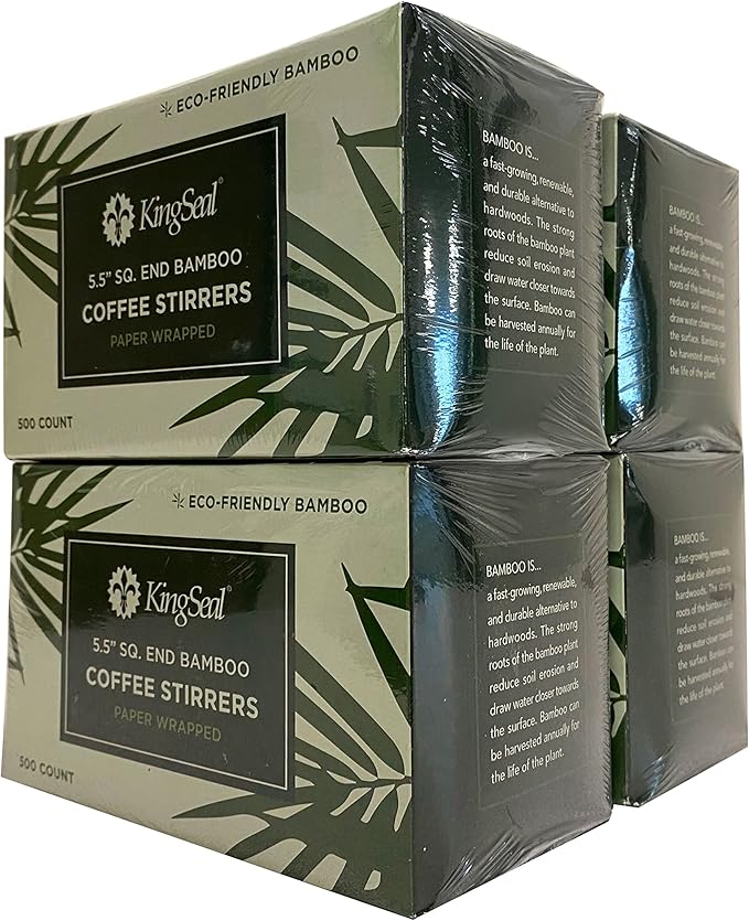 2000 Count | KingSeal Individually Paper Wrapped Bamboo Coffee Stir Sticks, 5.5 Inch, Square End, 100% Renewable and Biodegradable - 4 Boxes x 500 Stirrers