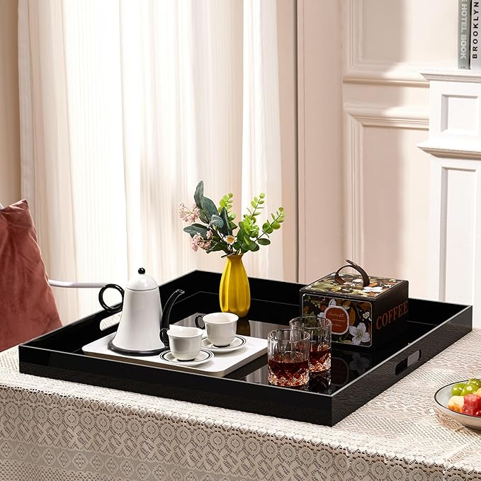 17×17 inches Oversized Black Acrylic Ottoman Tray Extra Large Decorative Tray Spill-Proof Serving Trays with Handles King-Size Safe Edge Organizer for Coffee Table Countertop Breakfast