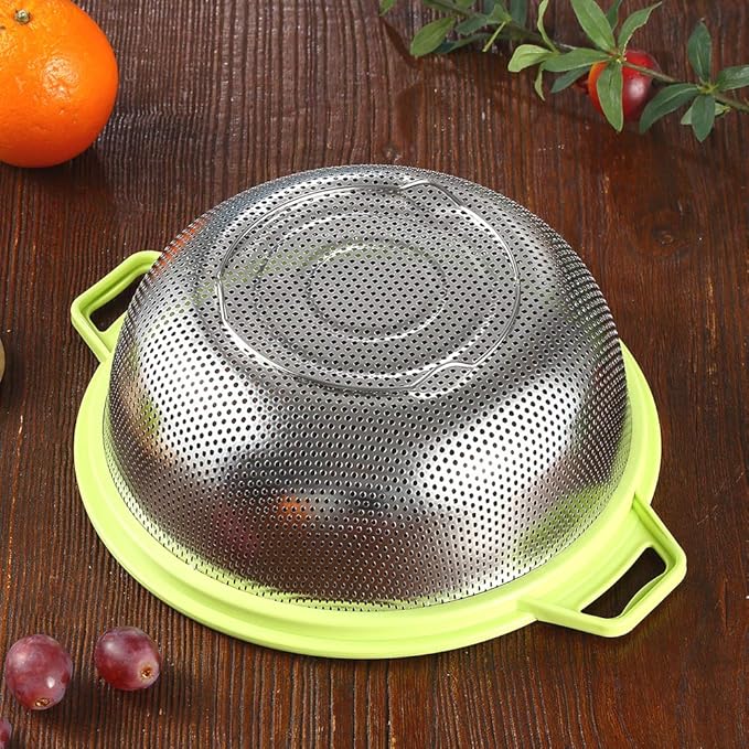 Stainless Steel Colander With Handle and Legs, Large Metal Green Strainer for Pasta, Spaghetti, Berry, Veggies, Fruits, Noodles, Salads, 5-quart 10.5” Kitchen Mesh Colander, Dishwasher Safe