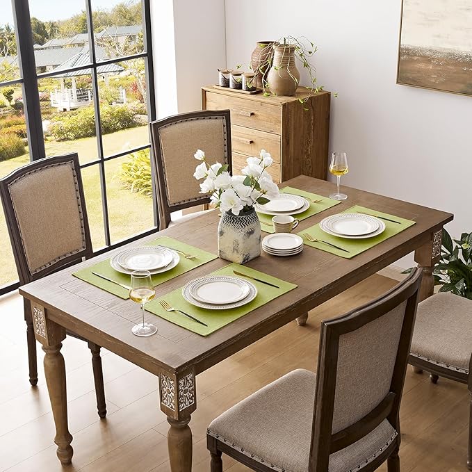 Romanstile Cloth Placemats Set of 6-12 x 18 Inch, Heat Resistant Double Layered Thickened Burlap Place Mats, Washable Faux Linen Farmhouse Table Mats for Kitchen/Dining/Party/Outdoor, Green