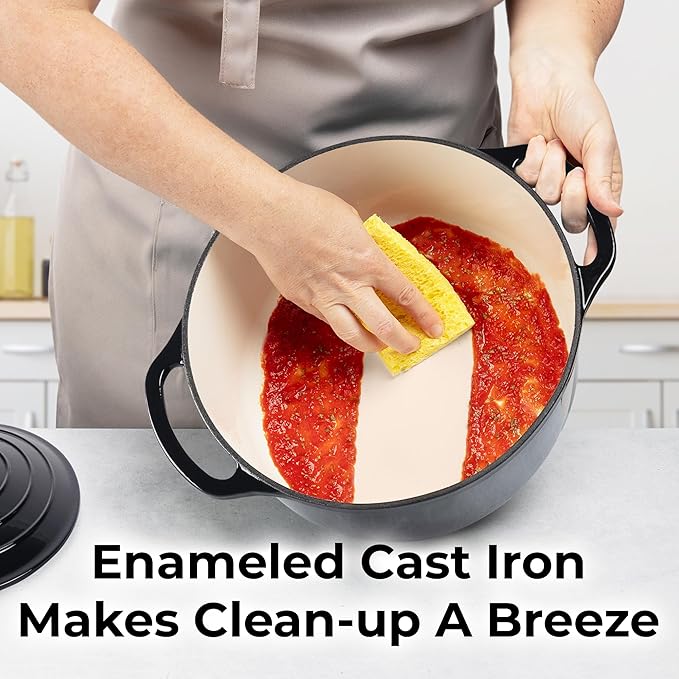 Zulay Kitchen 7.7 Quart Enameled Cast Iron Dutch Oven with Lid, Silicone Trivet & Heat Pad – Premium Durability & Oven Safe up to 500°F – Heavy Duty Cookware Perfect for Bread Baking, Stews, Braising & Roasting – Black