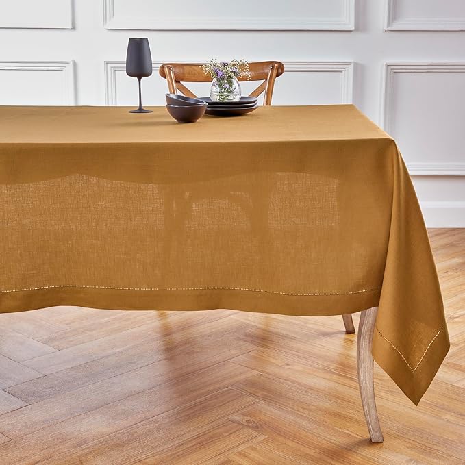 Solino Home Brown Sugar Linen Tablecloth 60 x 108 Inch - Classic Hemstitch, 100% Pure Linen Rectangular Tablecloth - Machine Washable Table Cloth for Summer, Fall, Autumn