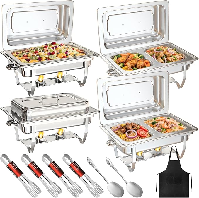 MEEZY 4 Pack 9QT Chafing Dish Buffet Set, Stainless Steel Buffet Chafers with Full Size, Half Size, Size Pan Foldable Catering Food Warmer for Wedding Banquet Catering Party