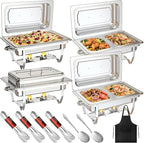 MEEZY 4 Pack 9QT Chafing Dish Buffet Set, Stainless Steel Buffet Chafers with Full Size, Half Size, Size Pan Foldable Catering Food Warmer for Wedding Banquet Catering Party
