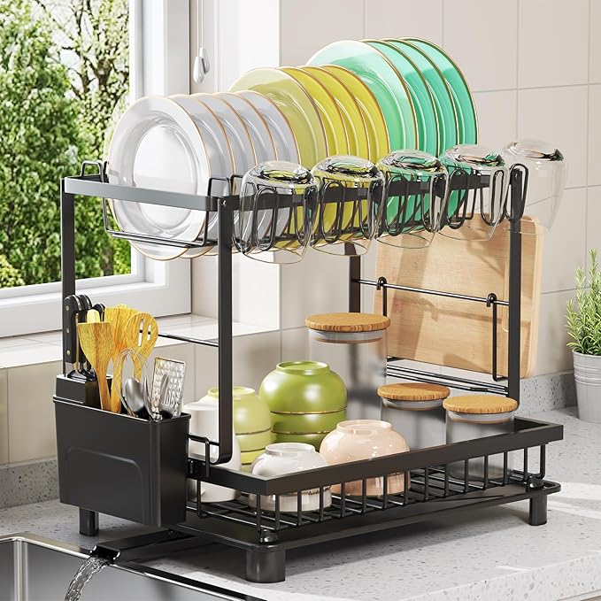 Dish Drying Rack, 2 Tier Space-Saving Dish Rack, Multifunctional Dish Drainer for Kitchen Counter with Drainboard/Utensil/Cup Holder Rustproof Carbon Steel, Black