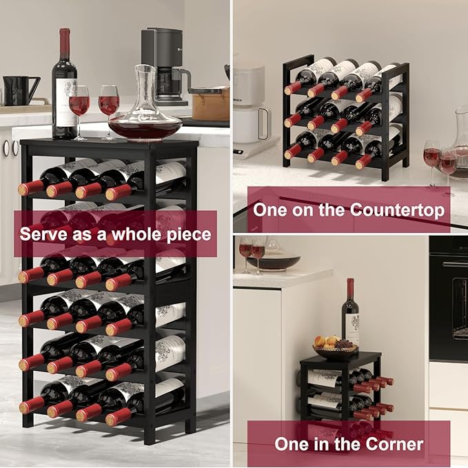 6 Tier Bamboo Wine Rack Freestanding Floor, 24 Bottles Wine Storage Shelves with Table Top, Stackable Wine Display Rack for Kitchen, Bar, Dining Room, Black