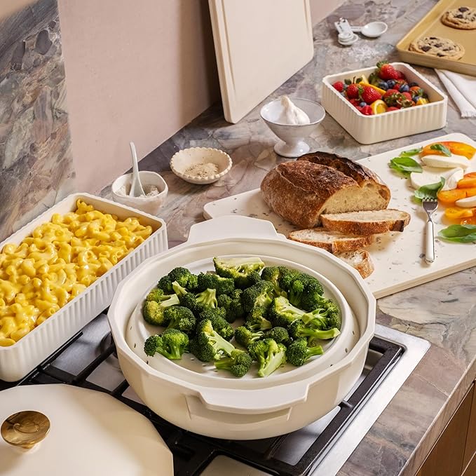 Cravings by Chrissy Teigen The Perfect Pan 5.3 Qt Dutch Oven Pot with Lid, Nonstick Lightweight Aluminum Everyday Pot with Steamer/Strainer Insert, Oven & Stovetop Safe (White)