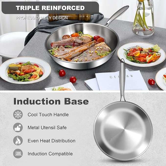 EWFEN 12 Inch Tri-Ply Stainless Steel Frying Pan, Skillet, Induction Cooking Pan, Dishwasher and Oven Safe, Fast & Even Heat, Heavy Duty and Detachable Handle
