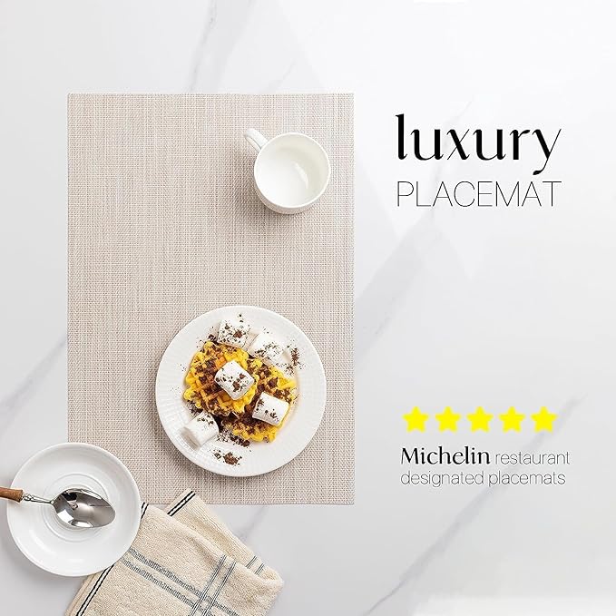 LEXMORE PVC Woven Placemats 8 PCS Wipeable Indoor/Outdoor Table Mats Washable Vinyl Place Mats for Dining Table, Set of 8-Beige