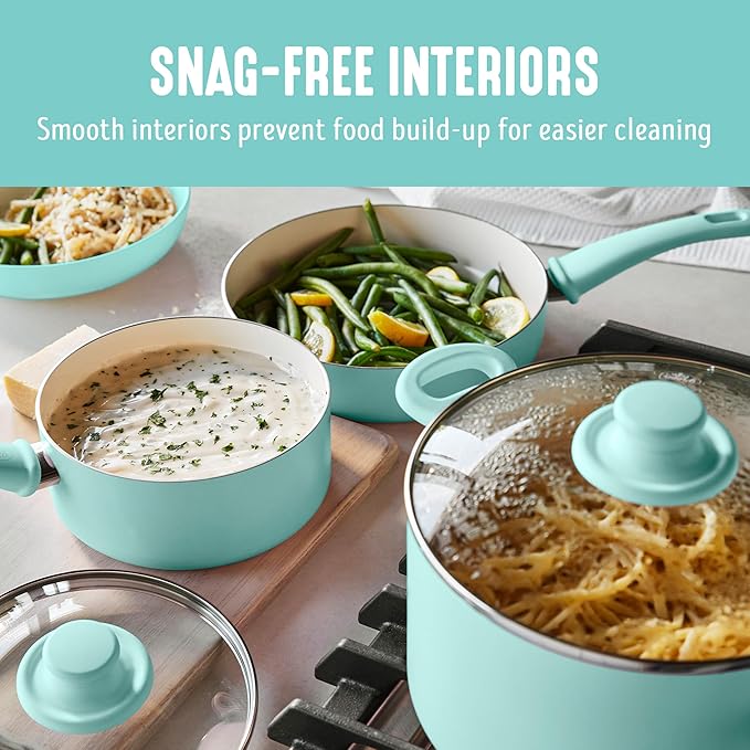 GreenLife Soft Grip 16 Piece Cookware Set, Non-Toxic PFAS-Free Ceramic Nonstick, Pots, Frying, Sauce, Saute, Glass Lids, Stay-Cool Handles, Wobble Free Bases, Dishwasher & Oven Safe, Turquoise