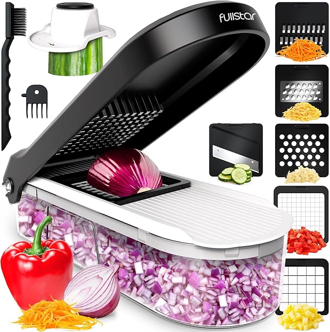 Fullstar Mandoline Slicer for Kitchen - Vegetable Chopper, Onion Potato Food Veggie Fruit Slicer and Cutter with Container, Kitchen Gadgets & Accessories, Home Essentials (6-in-1, White/Black)