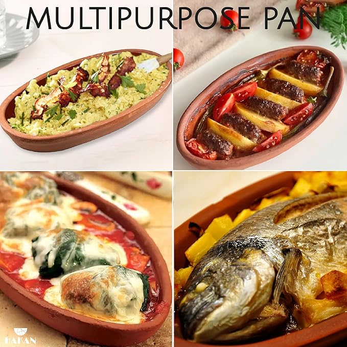 Hakan Bergama Handmade Oval Clay Pan Set of 2 | Terracotta Pans Glazed Inside | Casserole Dishes for Oven Baking | Traditional Earthenware Clay in Box, Large, 4.8 x 10.25 x 1.5-inch 13.5 Oz (400 cc)