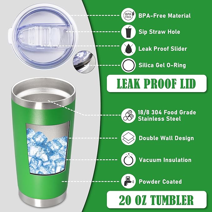 20 oz Tumbler Coffee Tavel Tumblers Bulk with Lid Stainless Steel Double Wall Vacuum Insulated Mug Powder Coated Cups fit Car Cupholder for Hot and Cold - Green, 4Pack