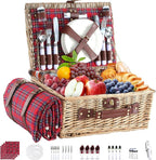Picnic Basket Set for 4 with Waterproof Blanket Mat Insulation Bag Wicker Classic Vintage Retro Red Plaid Gift for Wedding Birthday Summer Camp Outdoor Camping Beach Travel Christmas