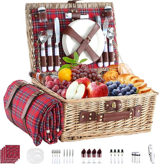 Picnic Basket Set for 4 with Waterproof Blanket Mat Insulation Bag Wicker Classic Vintage Retro Red Plaid Gift for Wedding Birthday Summer Camp Outdoor Camping Beach Travel Christmas