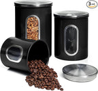 Mixpresso 3-Piece Black Canisters Sets For The Kitchen, Airtight Canister Set With See Through Window, Storage Jars for Coffee Container, Tea Organizer & Sugar Canister, Black Kitchen Canisters