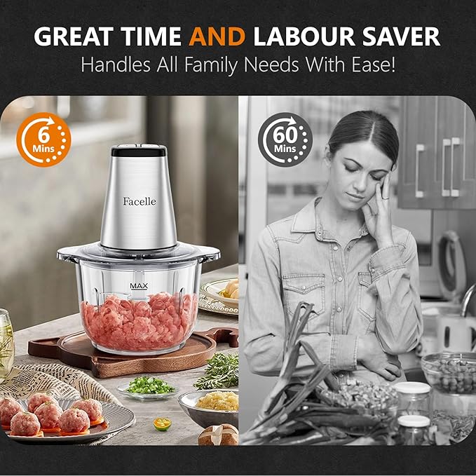 Food Processor, Facelle Meat Grinder 8-Cup Food Chopper Electric Vegetable Chopper 500W With 2L Glass Bowl & 4 Sharp Blades for Meat/Vegetable/Fruit/Nut/Baby Food