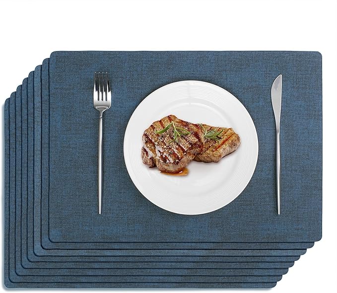 Softalker Vinyl Placemats Set of 8 - Faux Leather Heat Resistant Place Mats, 100% Waterproof Oilproof Wipe Clean Table Mats for Indoor & Outdoor Use, 17’’×12’’, Navy Blue