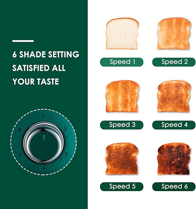 Roter Mond 4 Slice Toaster Retro Stainless Steel with Bagel Defrost Cancel Function, 6 Browning Settings, Extre Wide Slot and Removable Crumb Tray, Green, ST033