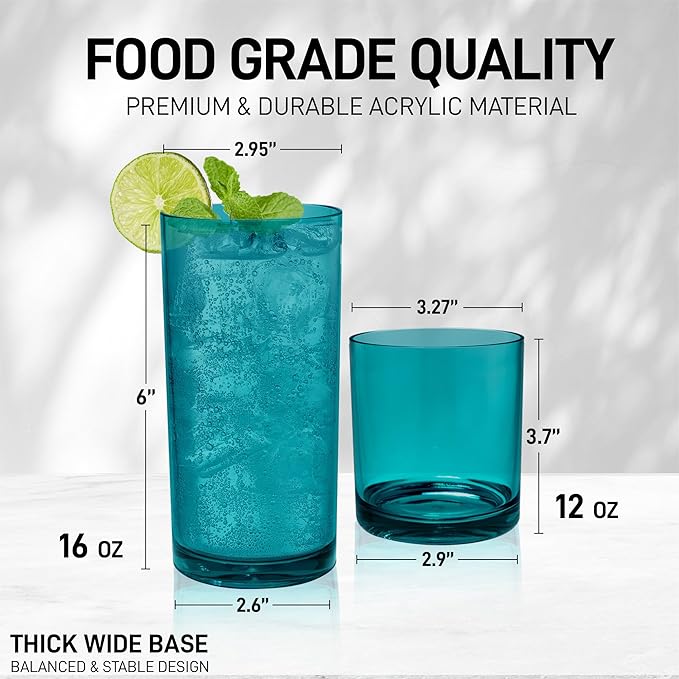 Zulay Kitchen Acrylic Glasses Drinkware - 8 Piece Unbreakable Plastic Tumblers - BPA-Free, Reusable Plastic Drinking Glasses for Home & Outdoors - Lead-Free & Dishwasher Safe - Turquoise - (12&16oz)