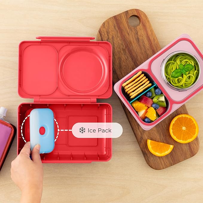 Omie OmieBox UP bento Box for Kids | Insulated Lunch Box | Leak Proof Vacuum Insulated Thermal Food jar | Cooler ice Pack | 2 Compartments (Cherry Pink)