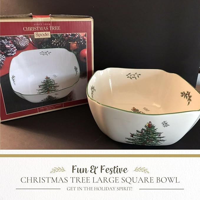 Spode Christmas Tree 10-Inch Square Serving Bowl - Durable Porcelain Bowl for Appetizers & Holiday Dishes - Iconic Christmas Design with Green Trim - Microwave & Dishwasher Safe for Festive Gatherings