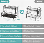 BOOSINY Dish Drying Rack and Drainboard Set for Kitchen Counter, 2 Tier Large Stainless Steel Sink Organizer Dish Racks with Cups Holder, Utensil Holder, Black Dish Strainer Shelf