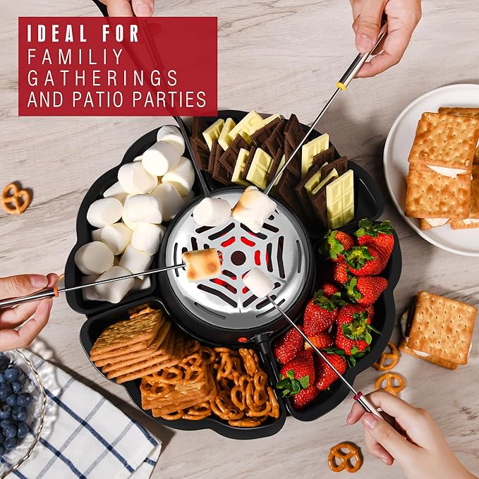 2 in 1 Electric S’mores Maker & Fondue Pot, Tabletop Indoor Smores kit with 4 Roasting Forks, 4 Detachable Trays & 1 Flameless Temperature-controlled Heater, Movie Night Supplies & Housewarming Gifts