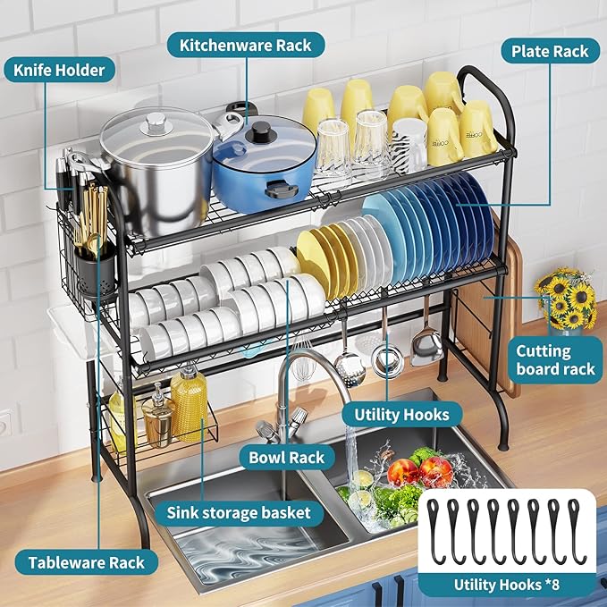 HOWDIA Over The Sink Dish Drying Rack, 3-Tier Stainless Steel Large Over The Sink Dish Rack with Utensil Holder Dish Drainers for Kitchen Counter