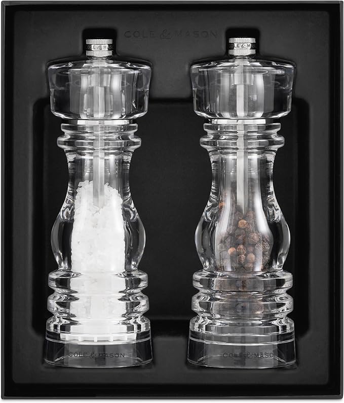 Cole & Mason London Refillable Spice Mill - Kitchen & Home Accessory - Salt & Pepper Grinder Set - Salt Mill with Ceramic Mechanism - Pepper Mill with Carbon Steel Mechanism - 7", Acrylic
