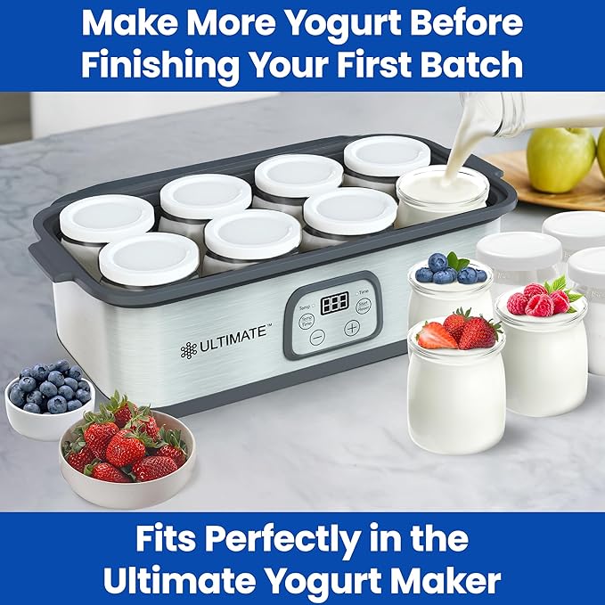 Ultimate Yogurt Jars - Make More Delicious Yogurt! 8 Count Small Glass Yogurt Cups With Lids - 100% BPA Free, Airtight & Dishwasher Safe! Perfect Containers for Yoghurt, Oatmeal, Pudding, or Jello