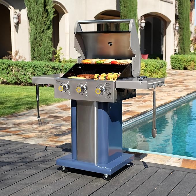 Permasteel 3-Burner Propane Gas Grill, 30,000 BTUs BBQ Grill with Cast Iron Grates, Foldable Side Tables & Tool Hooks, Outdoor Grill, Azure
