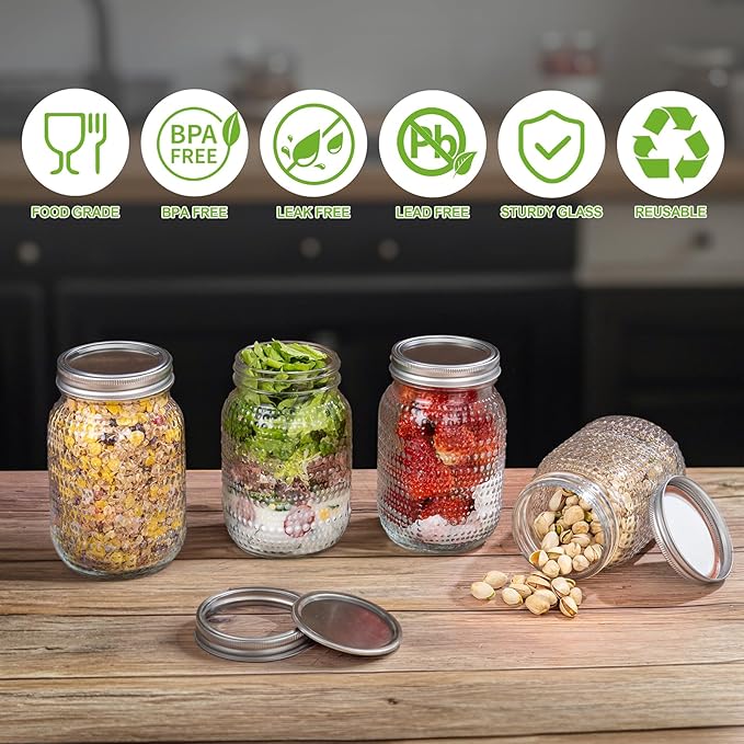 LUODA MirthMood 32 OZ Wide Mouth Mason Jars, 4 PACK Glass Mason Jars with airtight Lids, Quart mason jars wide mouth for Preserving, Meal Prep, Overnight Oats, Sauces,Honey, Jam, Yogurt or Jar Decor
