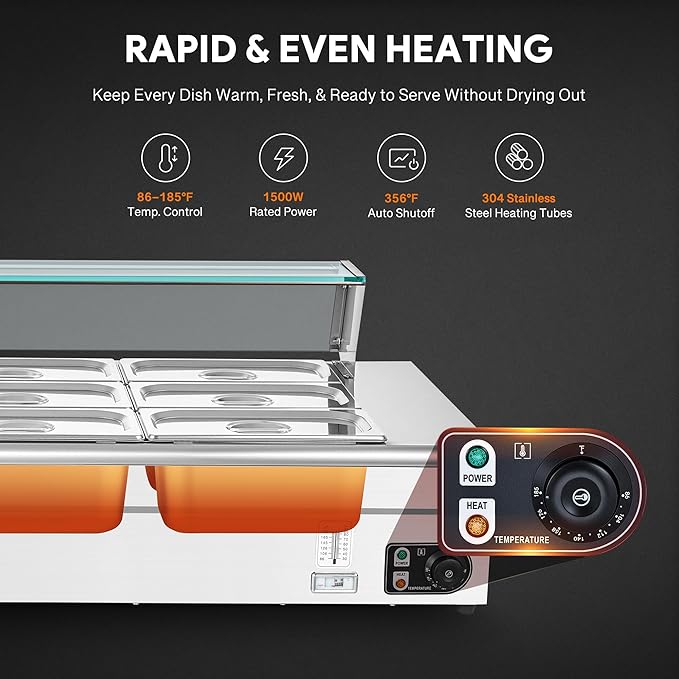 WILPREP 12-Pan Commercial Food Warmer with Sneeze Guard, Twelve 1/3 Pans, 1500W Countertop Electric Steam Table, 86-185°F Adjustable Temp Control, Stainless Steel Buffet Bain Marie