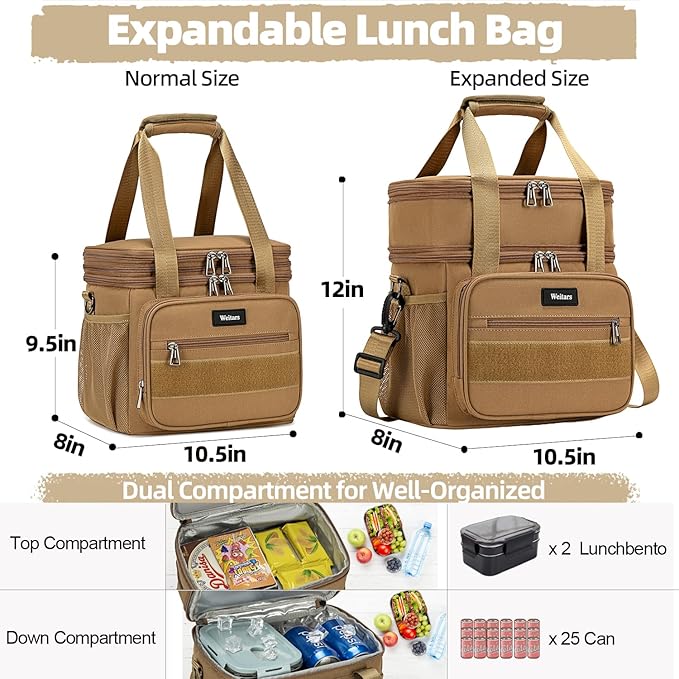 Weitars Lunch Box for Men Women Dual Compartment Lunch Box Heavy Duty Large Insulated Tactical Lunch Bag Durable Cooler Bag With Shoulder Strap for Adults Work Picnic Road Trip